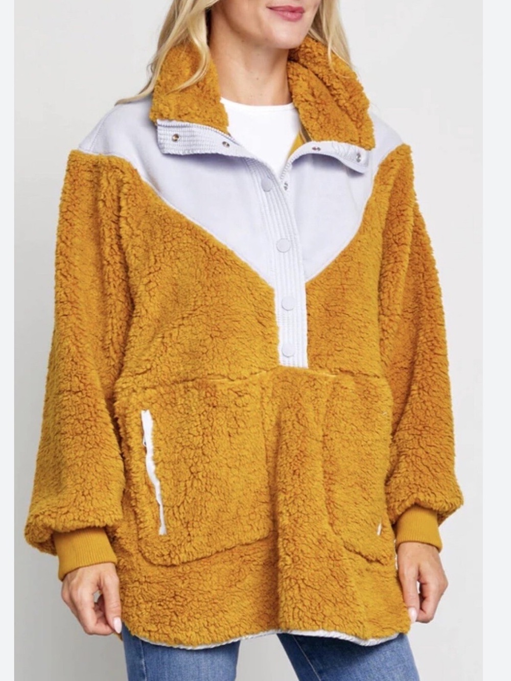 Free People Oversized Fall to Rise Honey & Lavender Color-block Sherpa Pullover